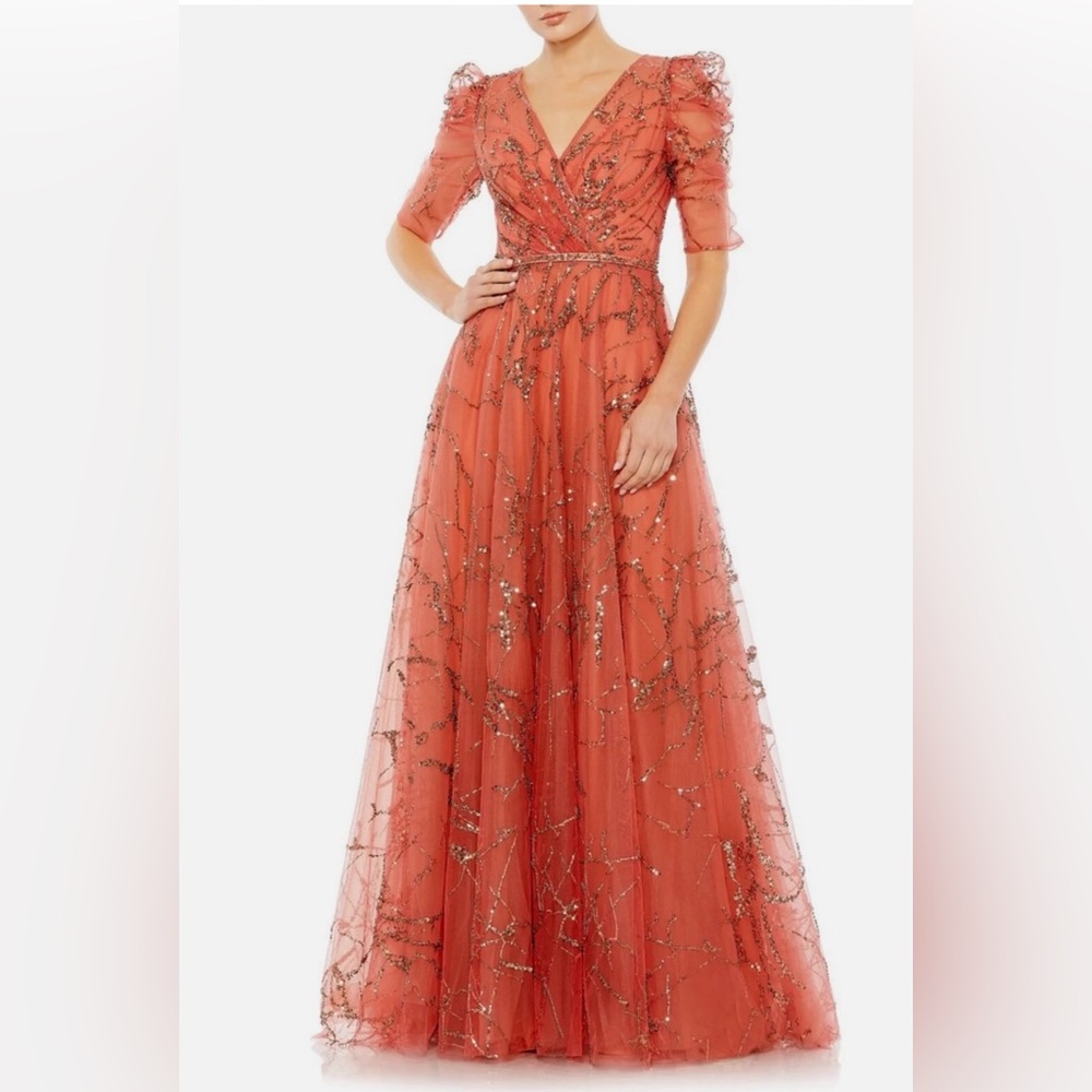 Mac Duggal Coral Beaded Tulle Maxi Gown
